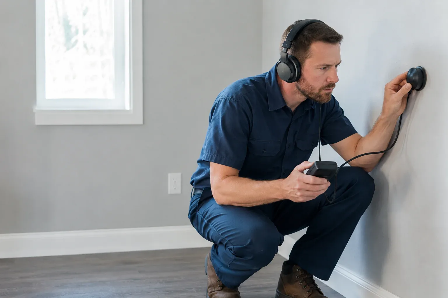 Leak Detection Technician Using Acoustic Equipment in Cambridge Home